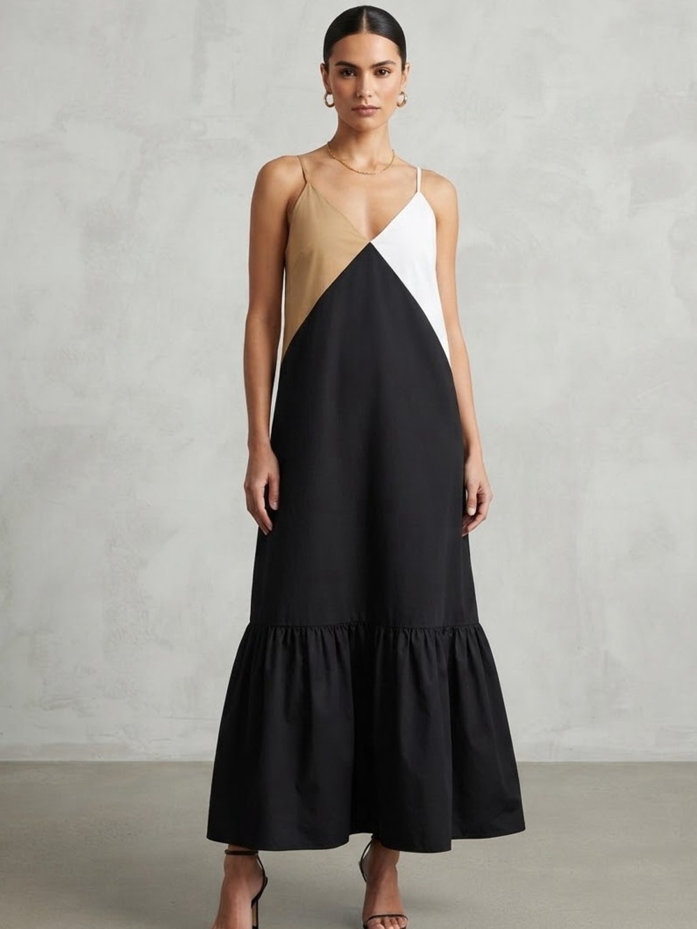English Factory Black Maxi Dress with White and Tan Colorblock Panels